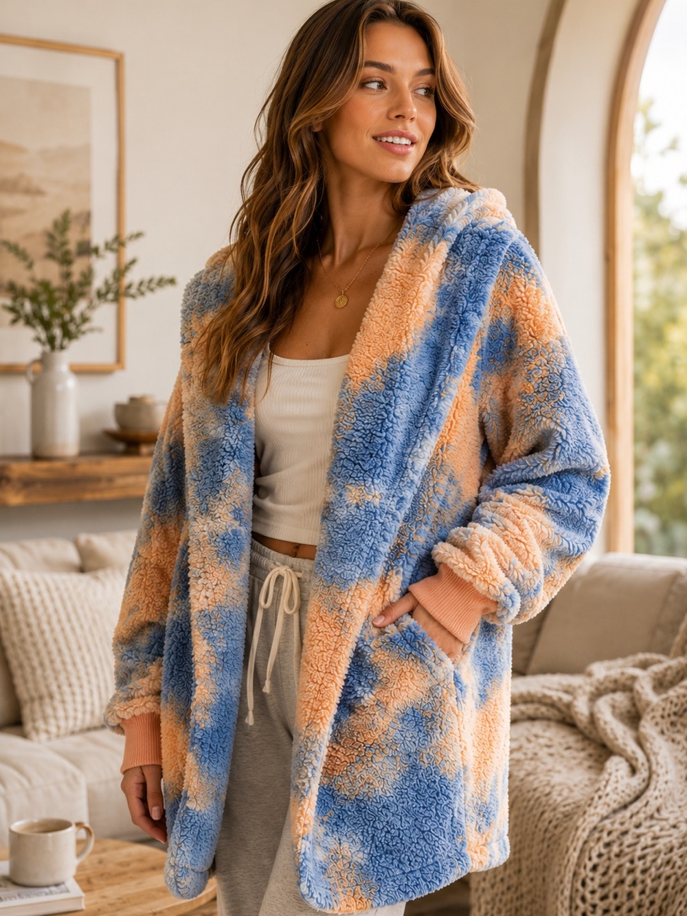 285. Women’s Blue/Orange Soft Fuzzy Pocketed Hooded Jacket NWT
